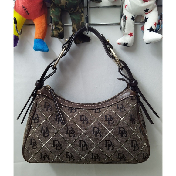 Dooney & Bourke Brown Canvas Leather Trim DB Printed Zipper Hobo Shoulder Bag - Picture 16 of 16